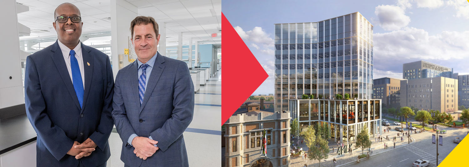 Deans of Engineering and Medicine pictured alongside rendering of 4MLK building in Baltimore.