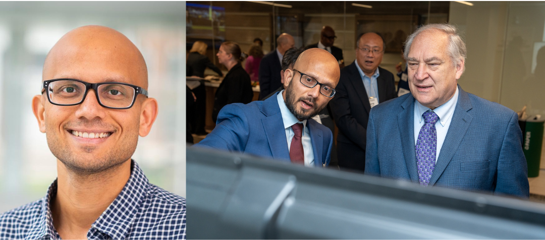 Photo collage featuring headshot of Institute for Health Computing faculty member Pratyush Tiwary to the left, with photo to the right of him and Montgomery County Executive Marc Elrich.
