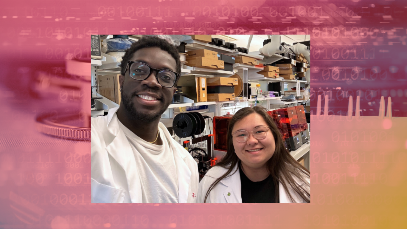Photo of two students in a lab on a red generic research stock background.