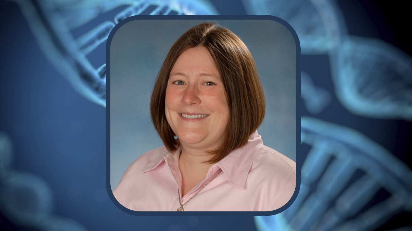 A photo of MPower Professor Julie Dunning Hotopp layered on top of a stock image of a gene structure.